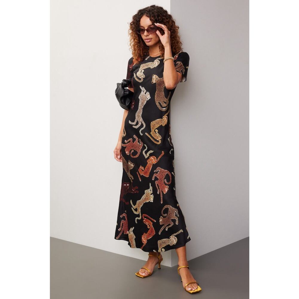 Silk Laundry Short Sleeve Bias Dress in the "Jaguars Black" print Sz S